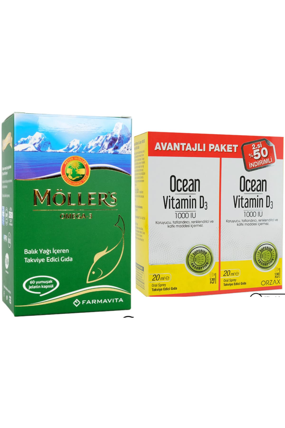 Balık Yağı 60 Kapsül + Vitamin D3 1000IU Sprey 20ml 2'li Paket