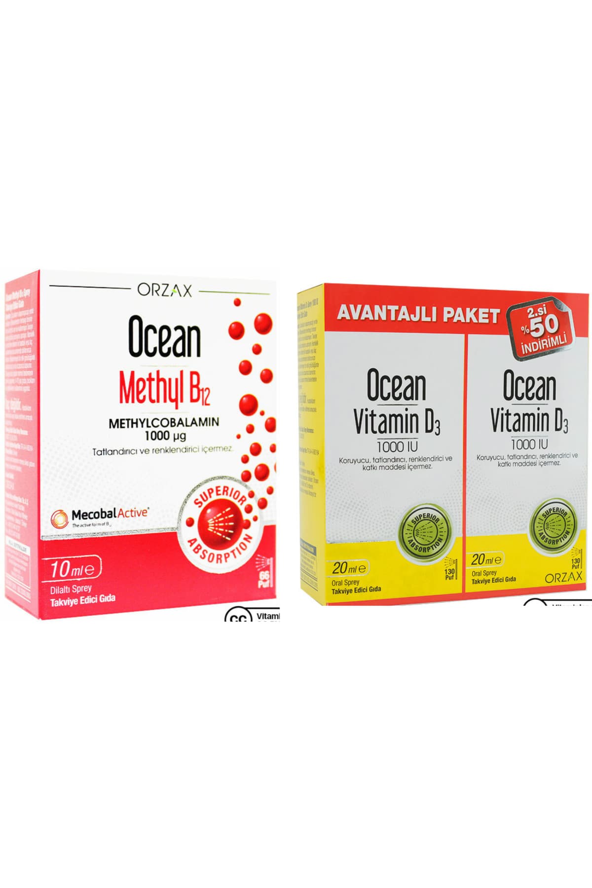 Methyl B12 1000 Mcg 10 ml Sprey + Ocean Vitamin D3 1000 Iu Sprey 20 Ml 2'li Avantaj Paket