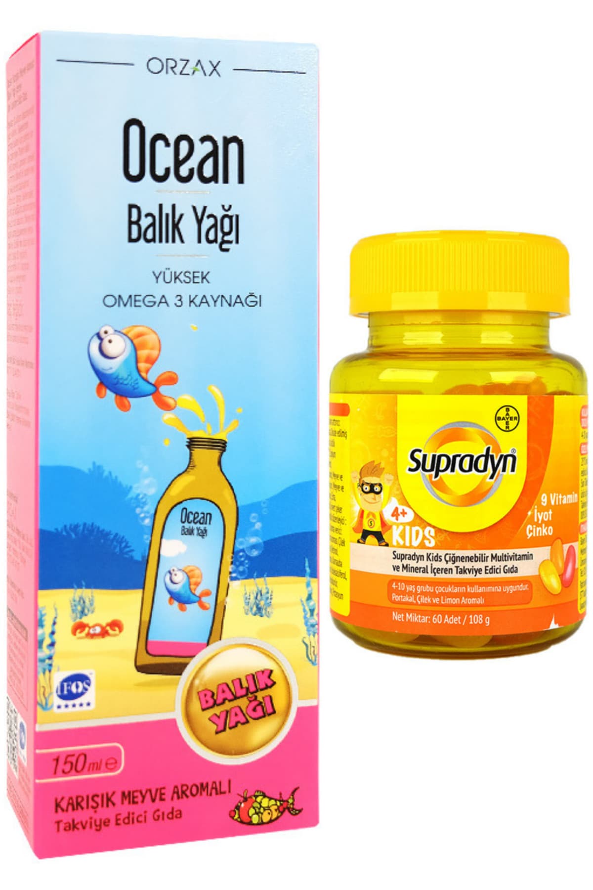Omega 3 Karışık Meyve Aromalı Balık Yağı Şurup 150ml + Supradyn Kids 60 Çiğnenebilir Tablet