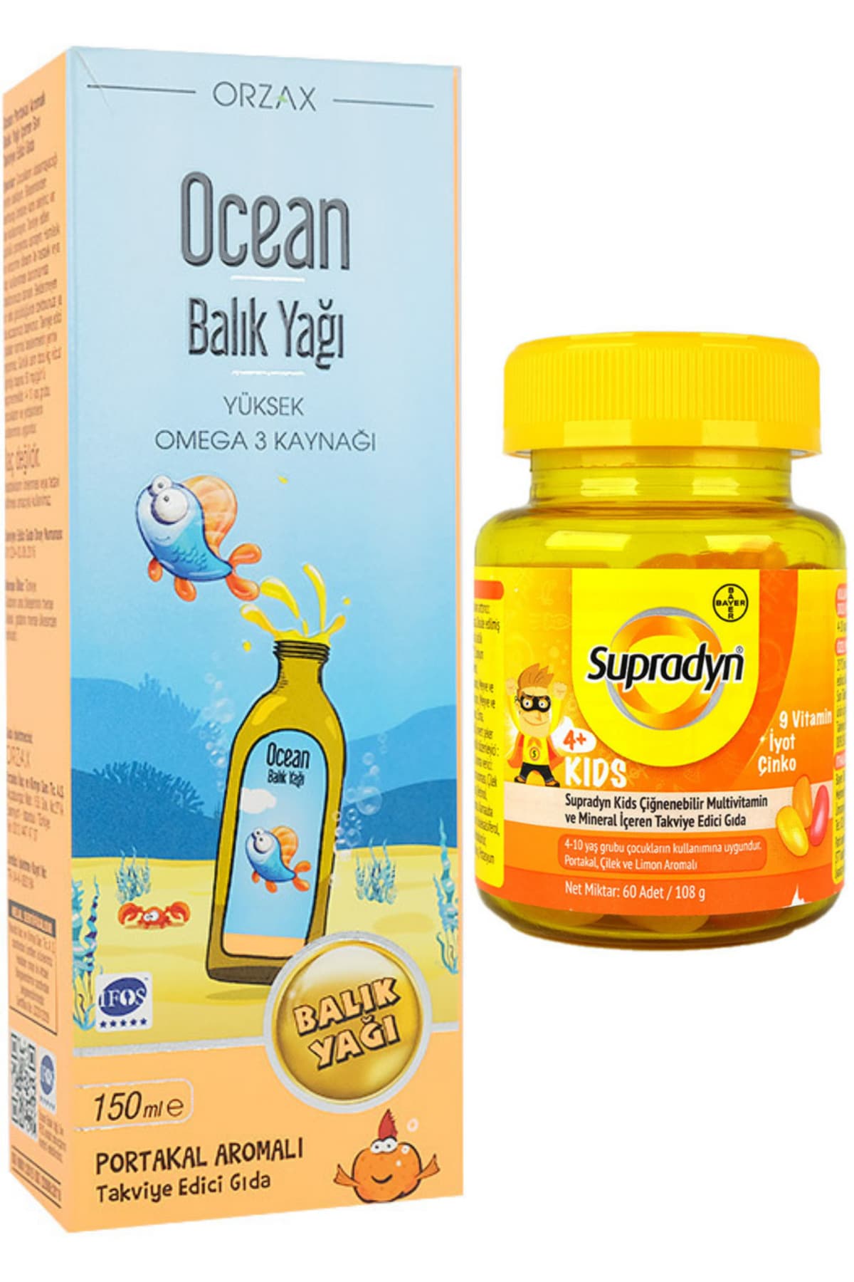 Omega 3 Portakallı Balık Yağı Şurup 150ml + Supradyn Kids 60 Çiğnenebilir Tablet