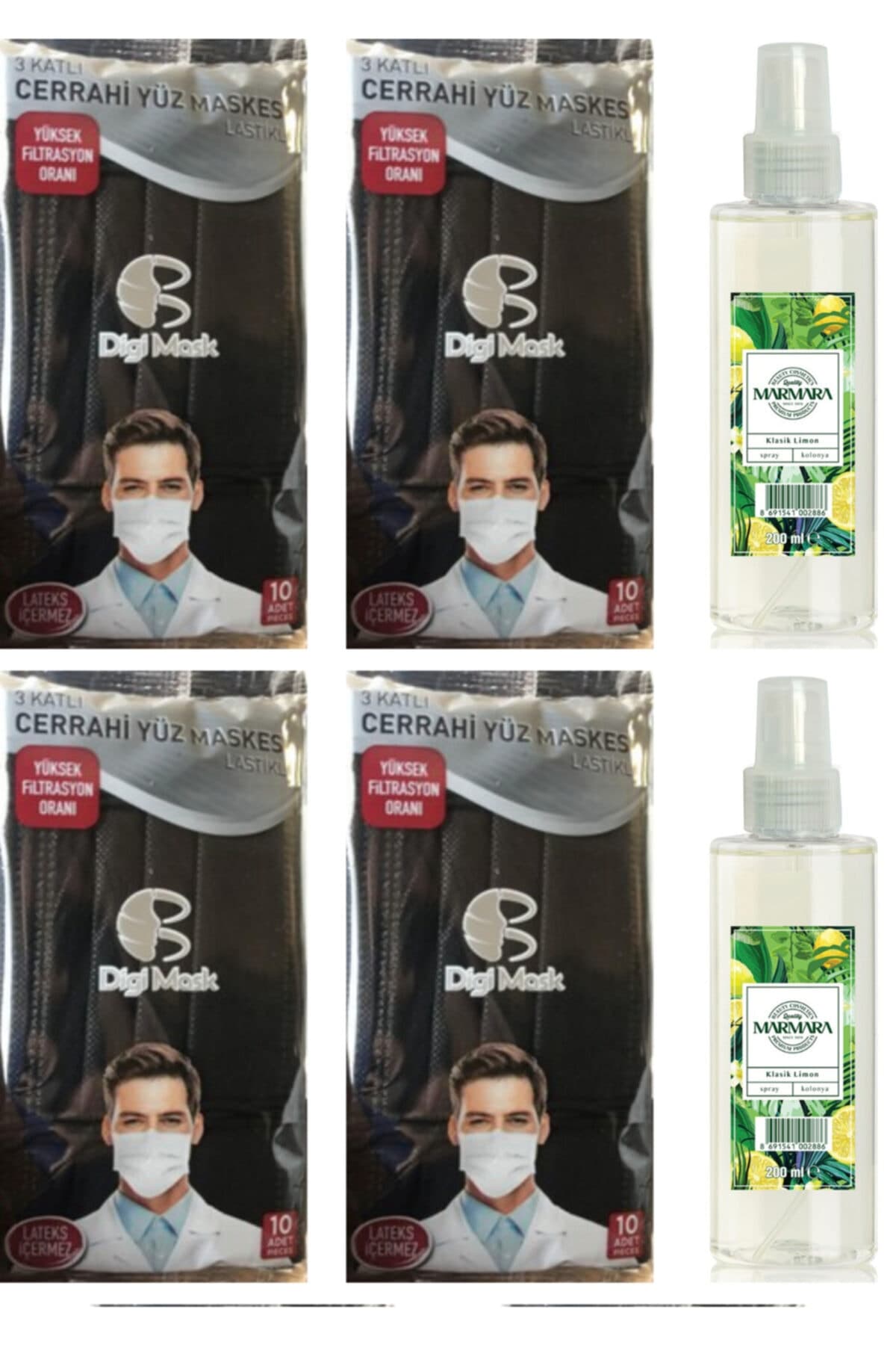 Digi Mask Siyah 3 Katlı Telli 10'lu 4 Adet Ve Marmara 80° Sprey Limon Kolonyası 200ml 2 Adet