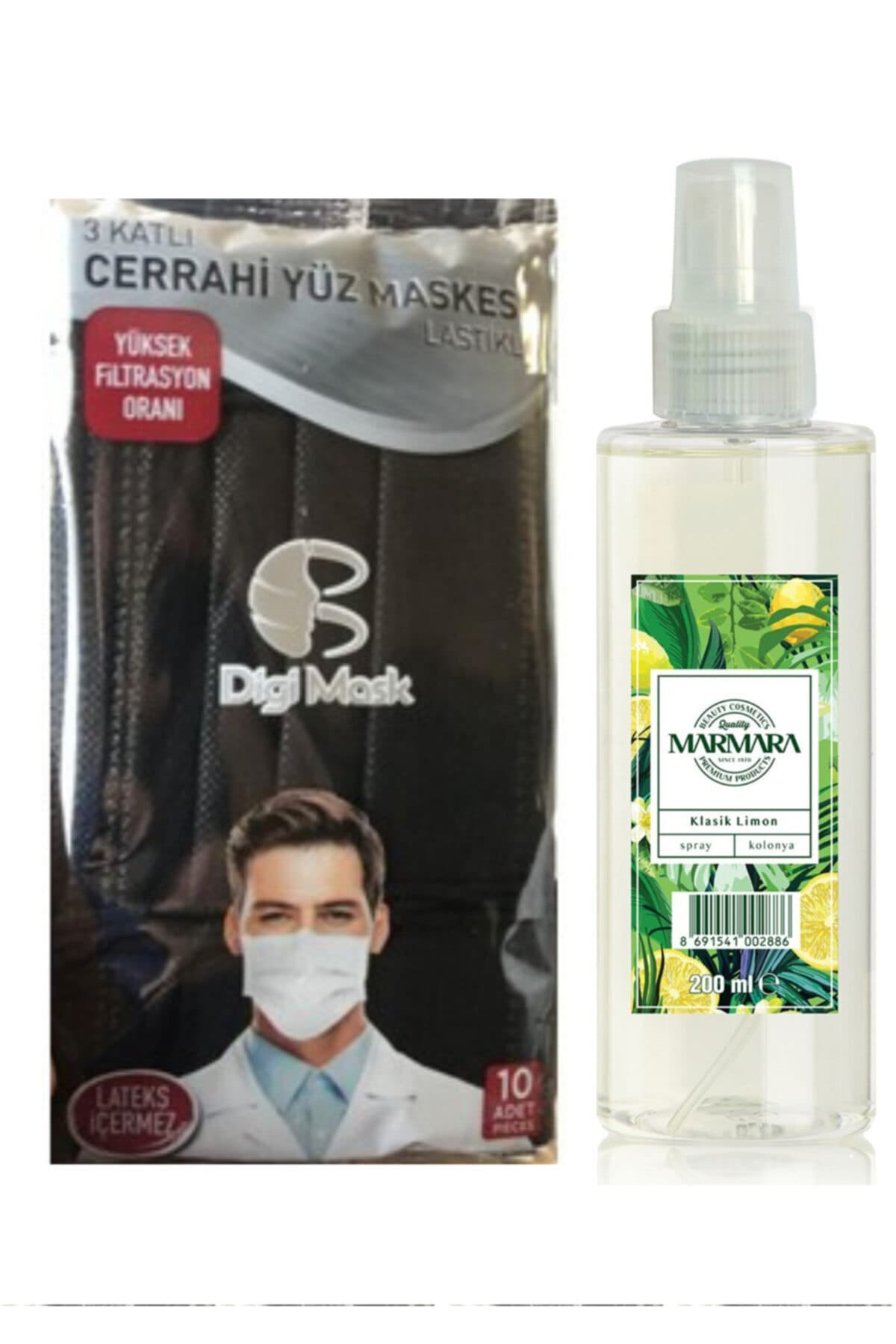 Digi Mask Siyah 3 Katlı Cerrahi Telli 10'lu Ve Marmara 80° Sprey Limon Kolonyası 200ml