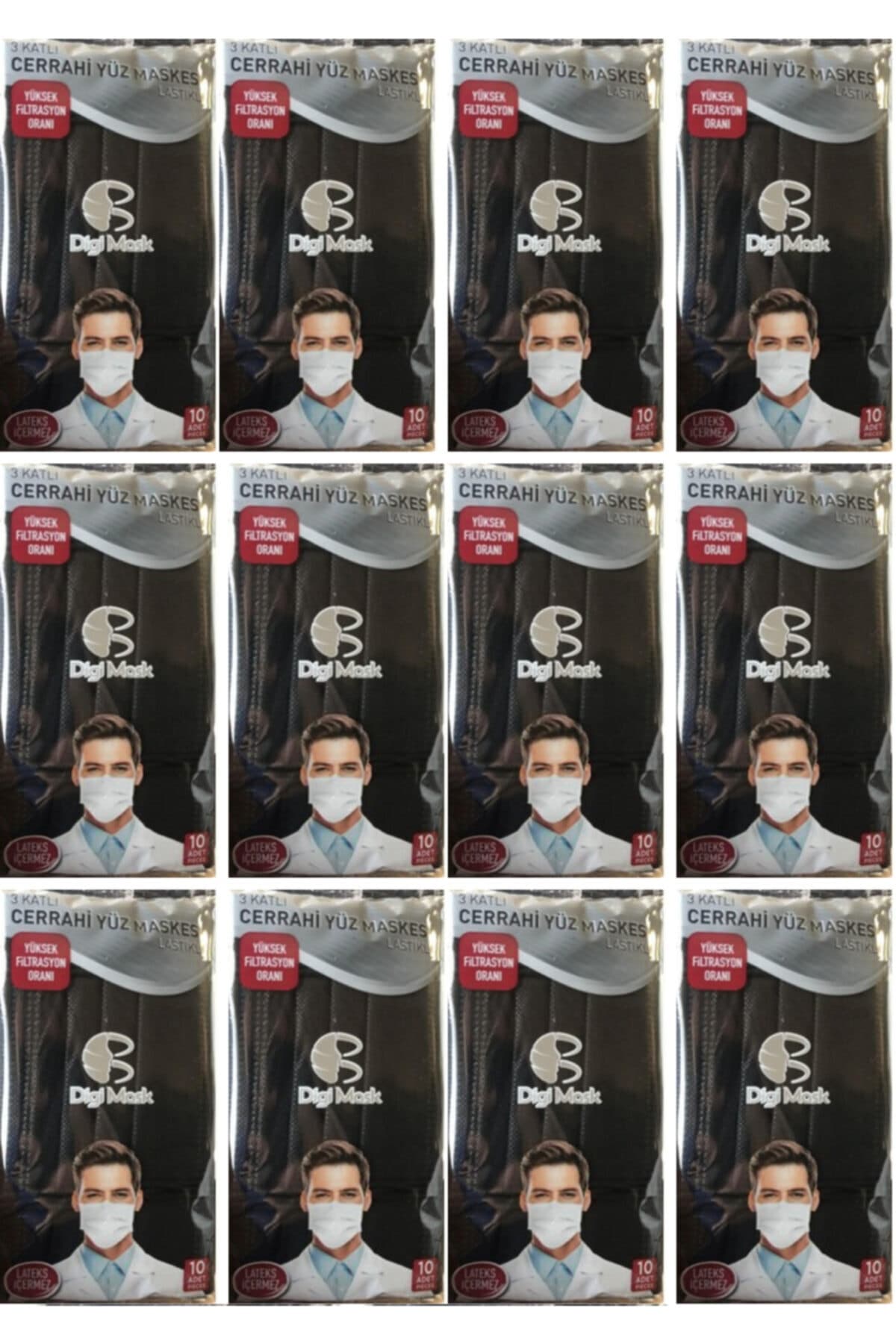 Digi Mask Siyah 3 Katlı Ultrasonik Cerrahi Telli 10'lu - 12 Paket