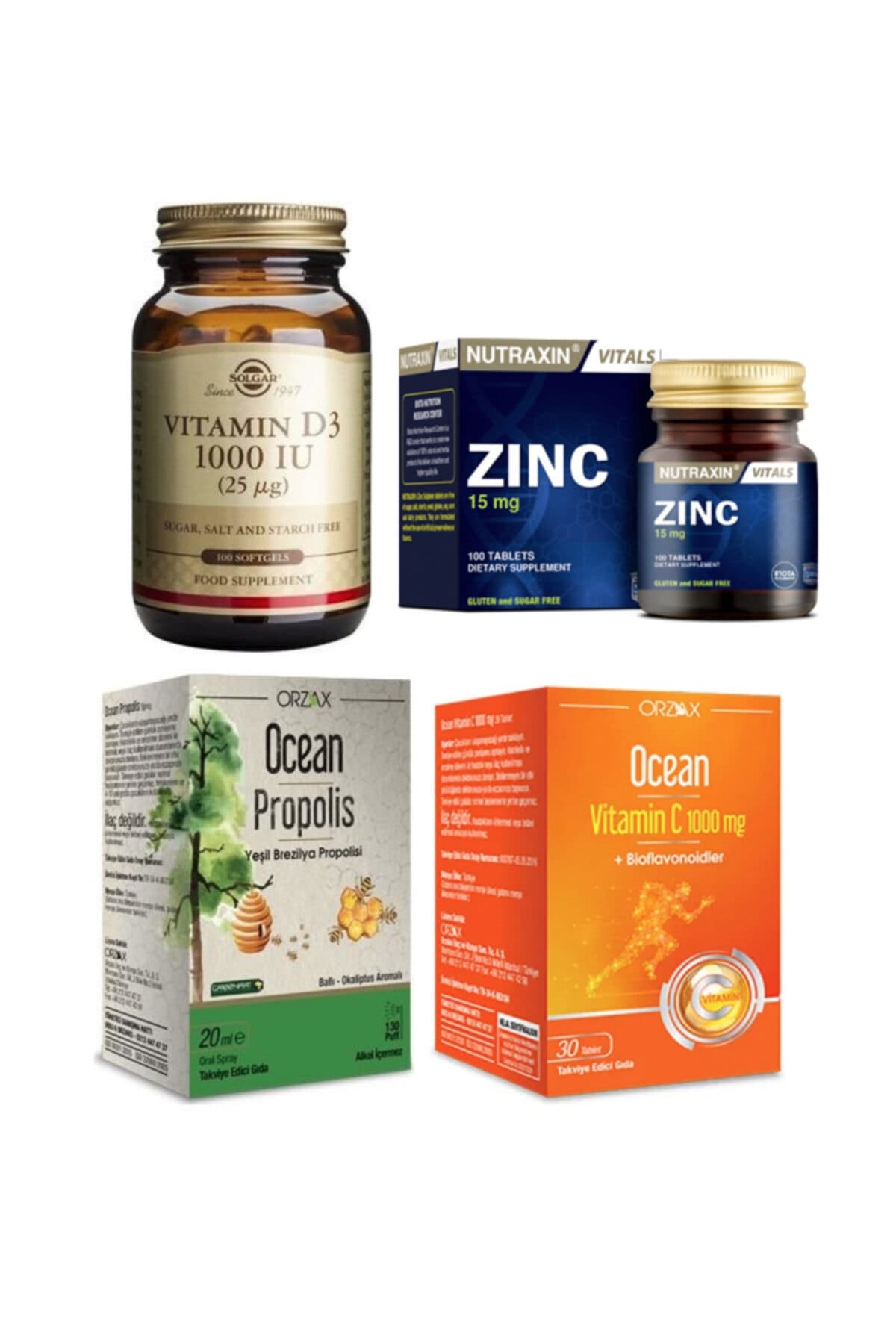 D3 Vitamini 100 Kapsül + Nutraxin Çinko 100 Tablet + Ocean Propolis Sprey 20 Ml+c Vitamini 30 Tablet