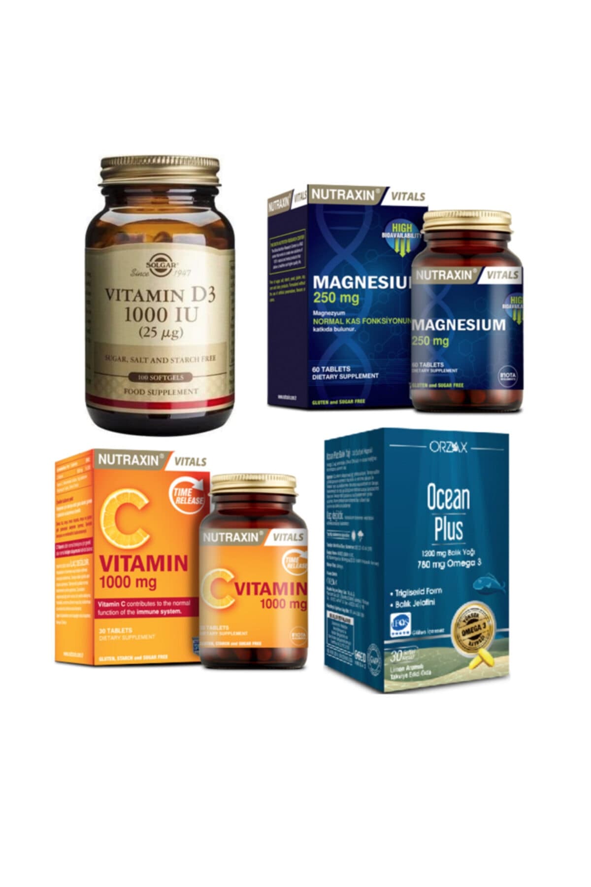 D3 Vitamini 100 Kapsül+nutraxin Magnesium 60 Tablet+c Vitamini 30 T.+ocean 1200mg Balık Yağı 30 Kap.