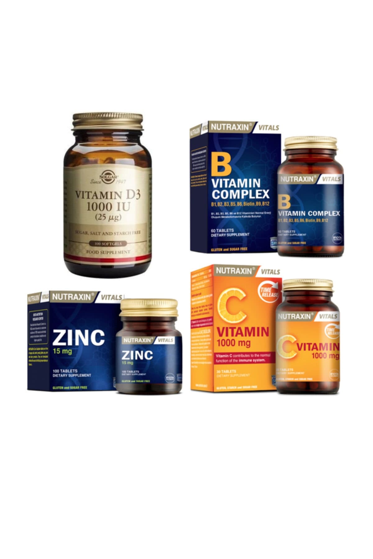 D3 Vitamini 100 Kapsül+nutraxin Çinko 100 Tablet+c Vitamini 30 Tablet+b Vitamin Complex 60 Tablet
