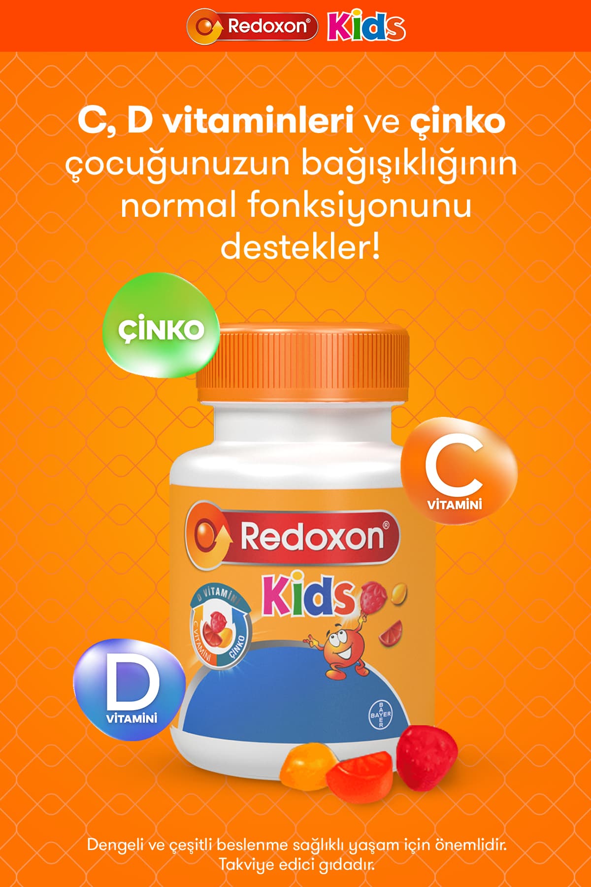 Kids Çiğnenebilir C Vitamini, D Vitamini ve Çinko Takviye Edici Gıda 60 adet