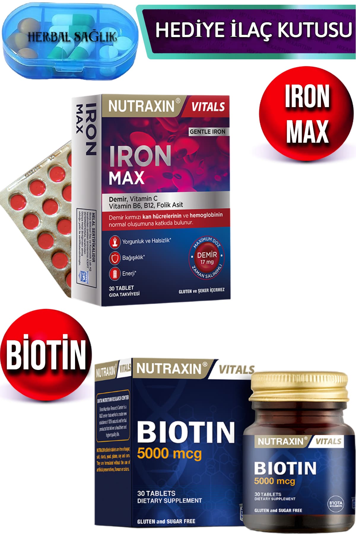 Iron Max - 30 Adet Tablet + Nutraxin Biotin 30 Adet Tablet 5000 Mcg
