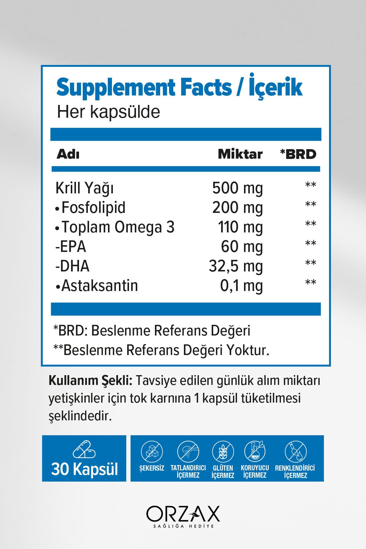 Krill Oil 500 Mg 30 Kapsül Omega 3, Yüksek Dha Ve Epa Içeren Krill Yağı